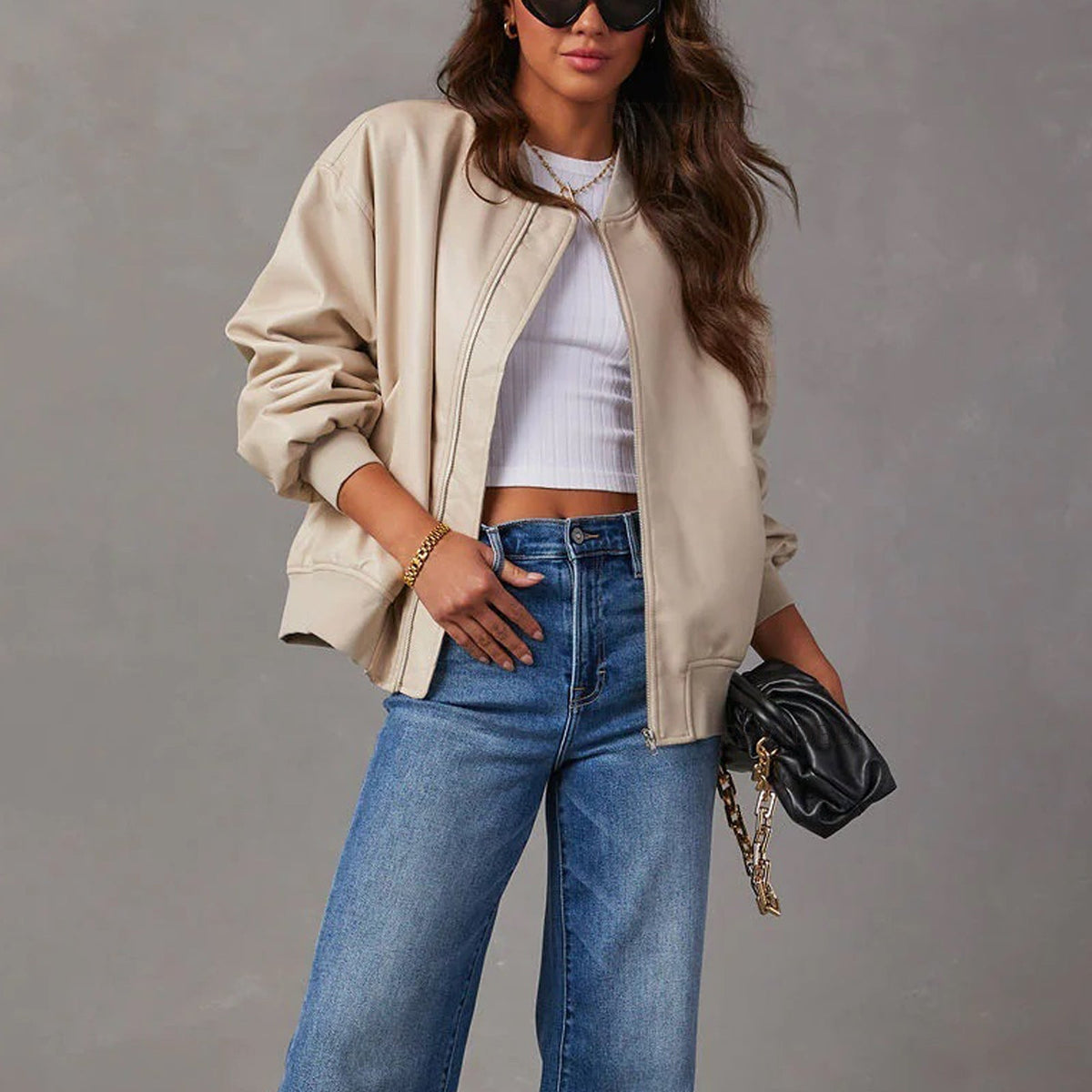 Damen Lederjacke Relaxed Fit Casual Bomberjacke