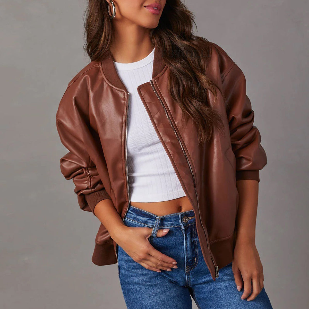 Damen Lederjacke Relaxed Fit Casual Bomberjacke