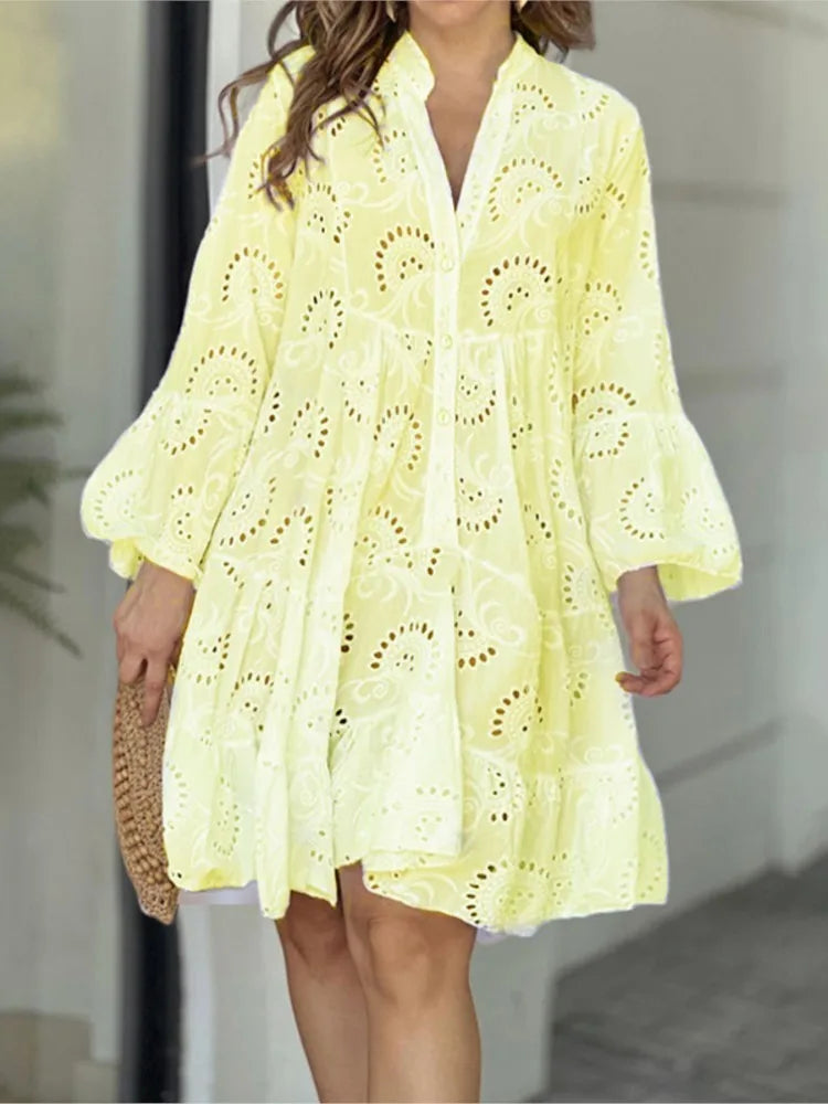 Bessy | Spitzenkleid für Damen mit Knopfleiste & Weiten Ärmeln im Boho-Stil