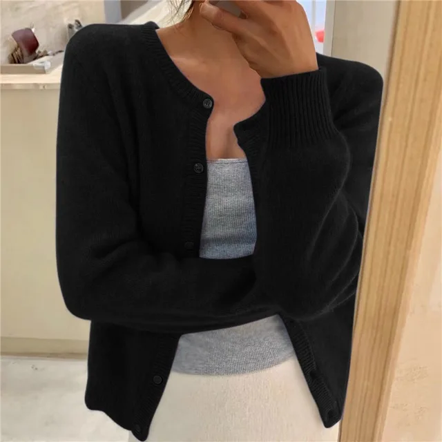 Damen Cardigan Relaxed Fit Cropped mit Rundhalsausschnitt und Knopfleiste