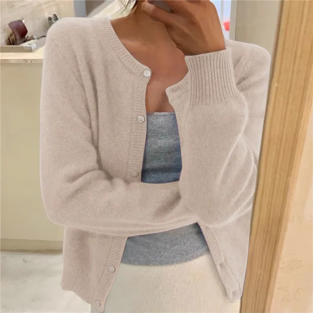 Damen Cardigan Relaxed Fit Cropped mit Rundhalsausschnitt und Knopfleiste