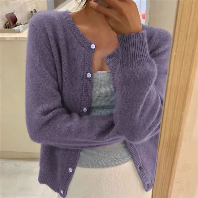 Damen Cardigan Relaxed Fit Cropped mit Rundhalsausschnitt und Knopfleiste