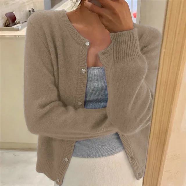 Damen Cardigan Relaxed Fit Cropped mit Rundhalsausschnitt und Knopfleiste