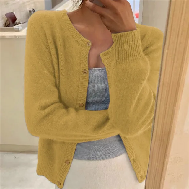 Damen Cardigan Relaxed Fit Cropped mit Rundhalsausschnitt und Knopfleiste