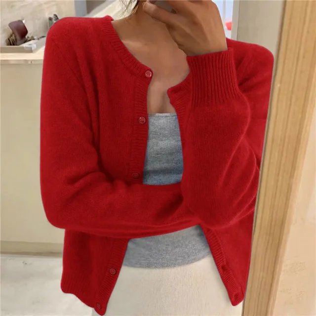 Damen Cardigan Relaxed Fit Cropped mit Rundhalsausschnitt und Knopfleiste