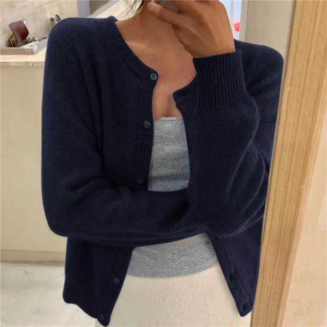 Damen Cardigan Relaxed Fit Cropped mit Rundhalsausschnitt und Knopfleiste