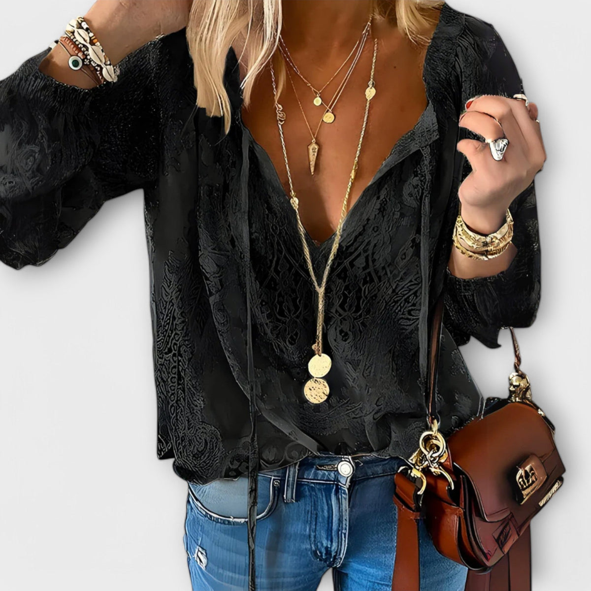 Damen Spitzenbluse Relaxed Fit mit V-Ausschnitt