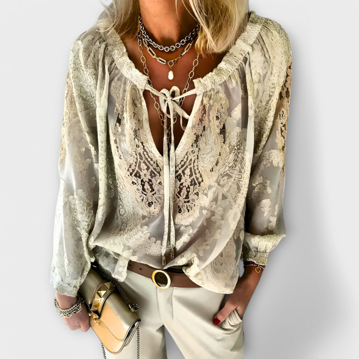 Damen Spitzenbluse Relaxed Fit mit V-Ausschnitt