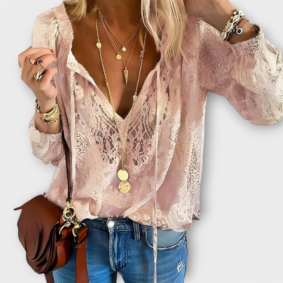 Damen Spitzenbluse Relaxed Fit mit V-Ausschnitt