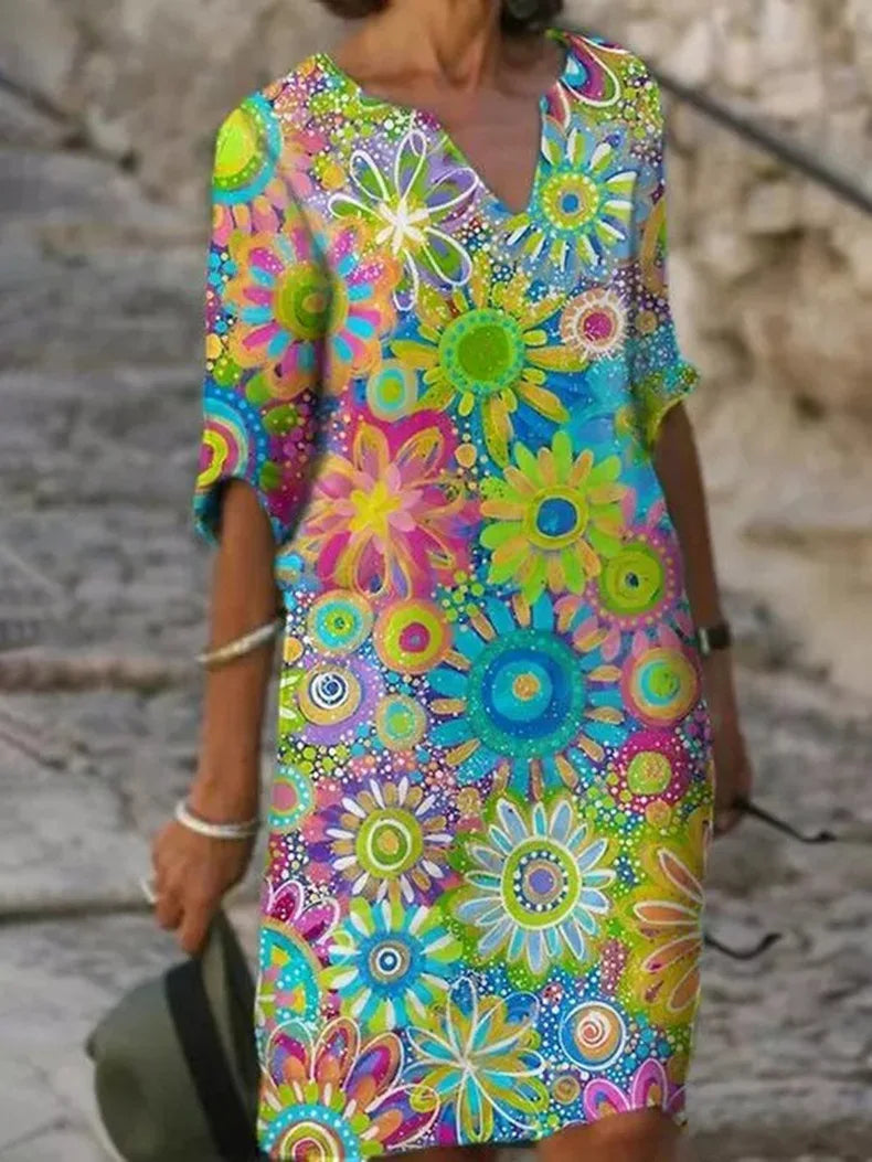 Pauline | V‑Ausschnitt Sommerkleid mit Sonnenblumen‑Print – Bequemer Schnitt & Luftiger Alltags‑Look