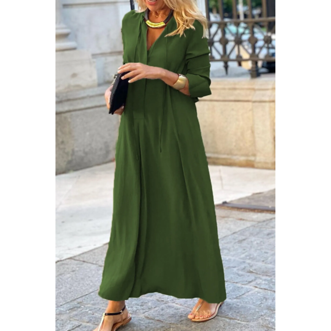 Maricel | Damen Maxikleid – V-Ausschnitt, Langarm & Lockerer Schnitt für Alltag & besondere Anlässe