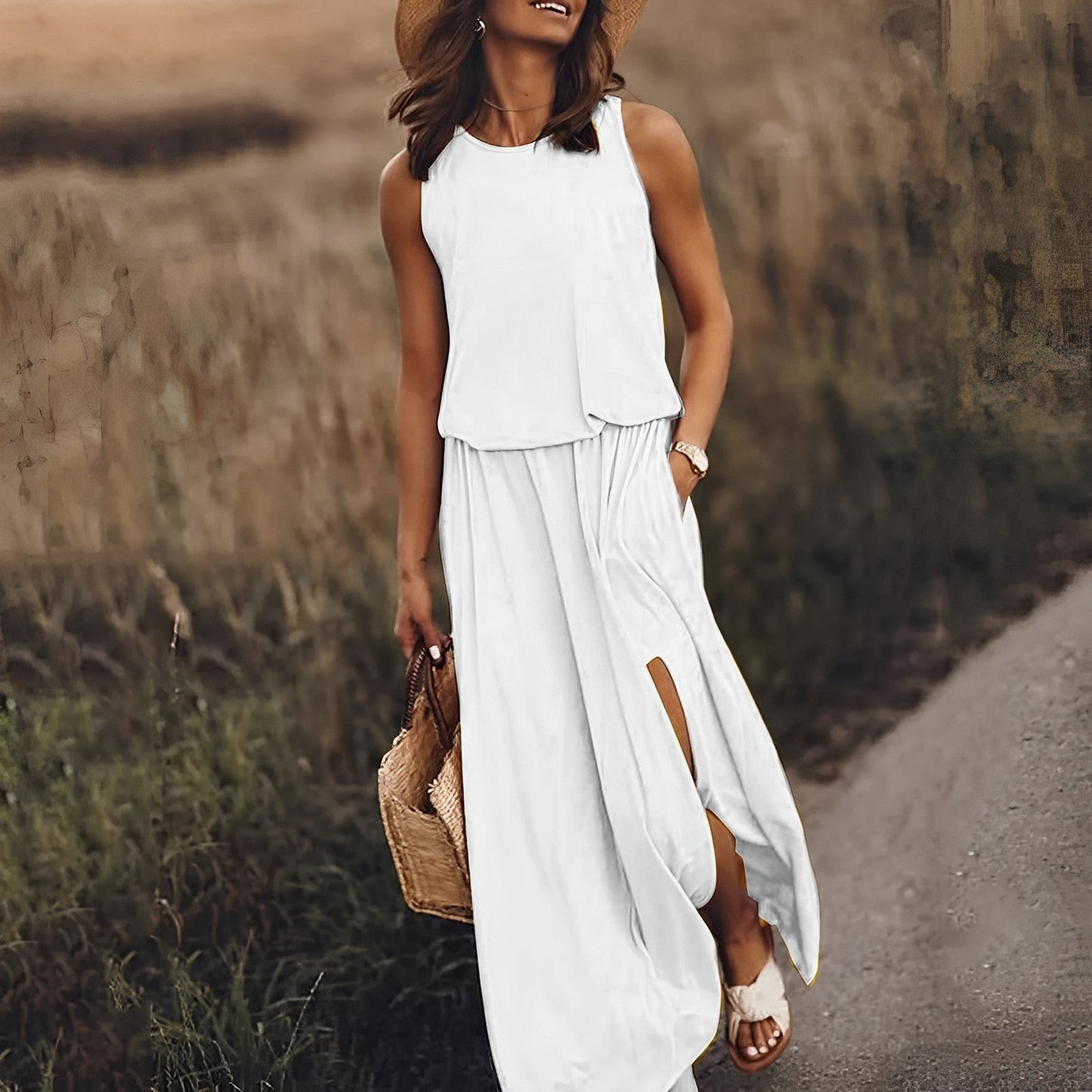 Raquel | Damen Ärmelloses Maxikleid mit Rundhalsausschnitt & Beinschlitz – Sommerlich, Elegant & Bequem