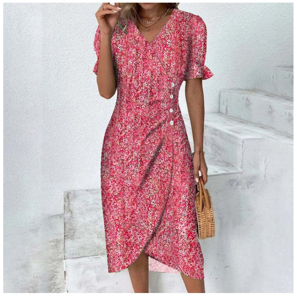 Winnie | Damen Wickelkleid mit Blumenmuster – V-Ausschnitt & Puffärmel, Knielang