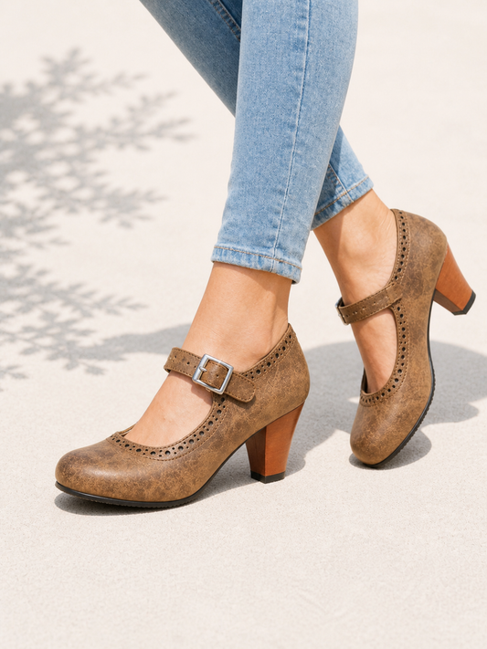 Damen Mary Jane Schuhe Brogue-Design mit Schnallenriemen und Blockabsatz