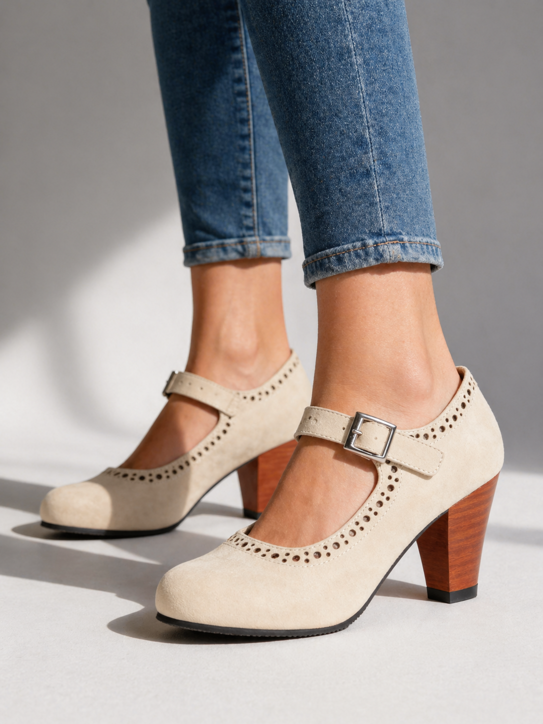Damen Mary Jane Schuhe Brogue-Design mit Schnallenriemen und Blockabsatz
