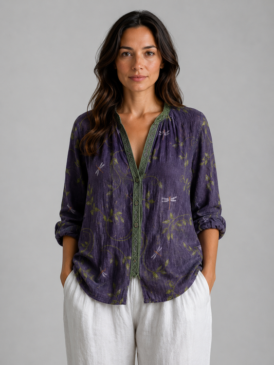 Damen Bluse Relaxed Fit mit Naturmotiv und besticktem V-Ausschnitt