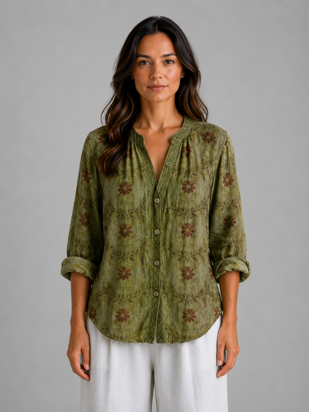 Damen Bluse Relaxed Fit mit Naturmotiv und besticktem V-Ausschnitt