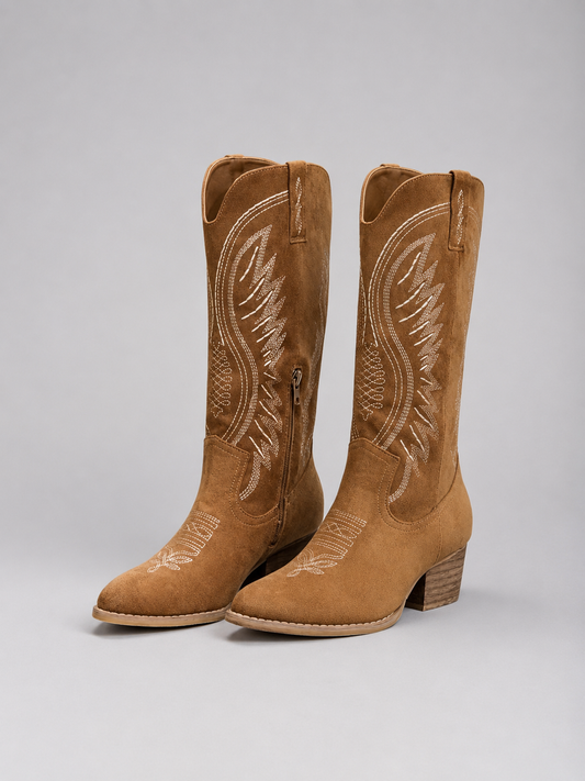 Damen Cowboystiefel Spitz mit Stickerei und Blockabsatz