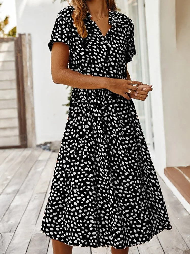 Mirrie | Sommerliches V-Ausschnitt-Midikleid mit verstellbarer Taille und kurzen Ärmeln | Bequemer Alltagsstil für Damen