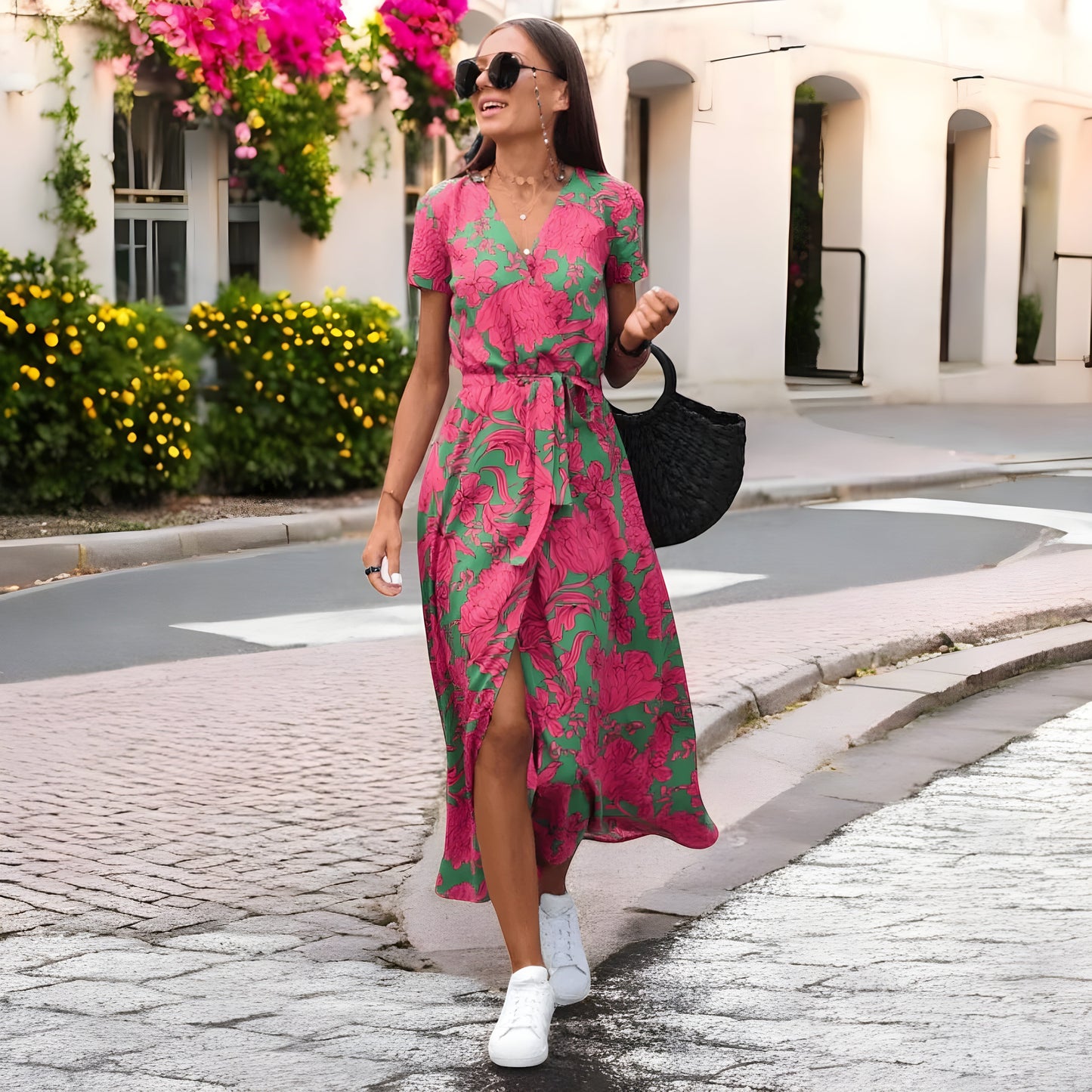 Keisha | Langes Damen-Wickelkleid mit Gürtel, Printmuster & Kurzarm