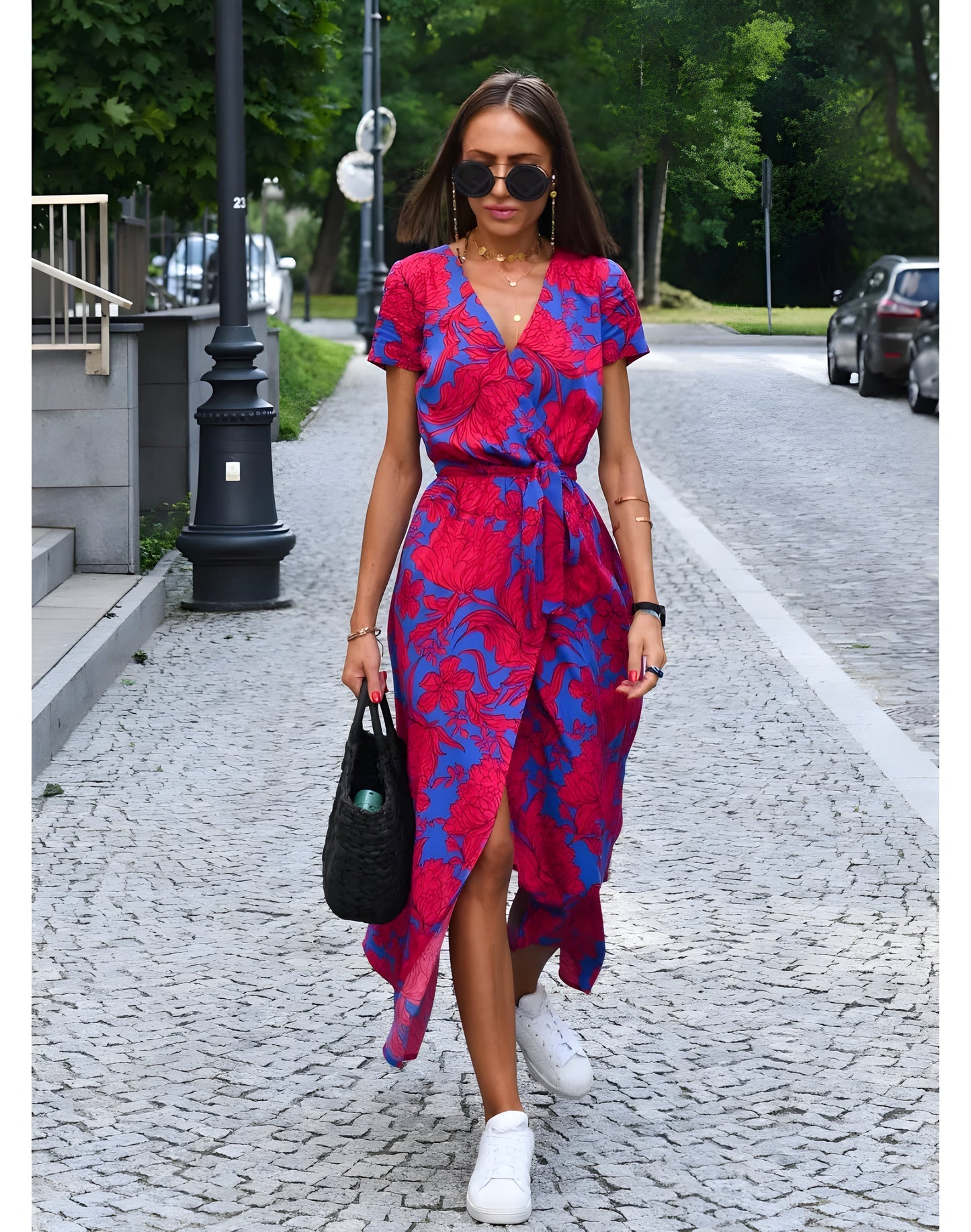 Keisha | Langes Damen-Wickelkleid mit Gürtel, Printmuster & Kurzarm