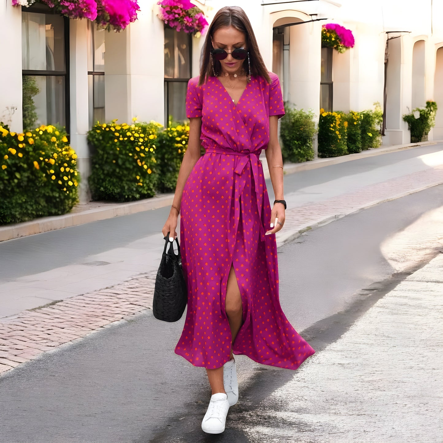 Keisha | Langes Damen-Wickelkleid mit Gürtel, Printmuster & Kurzarm