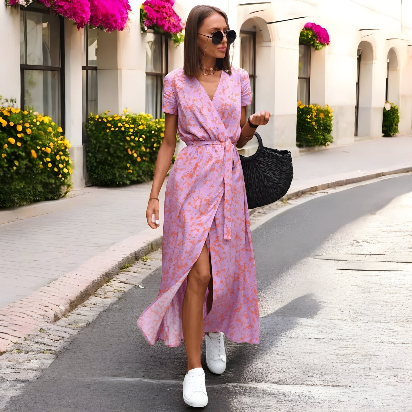 Keisha | Langes Damen-Wickelkleid mit Gürtel, Printmuster & Kurzarm