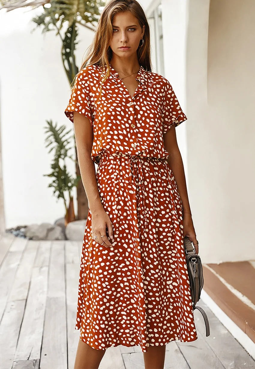 Mirrie | Sommerliches V-Ausschnitt-Midikleid mit verstellbarer Taille und kurzen Ärmeln | Bequemer Alltagsstil für Damen