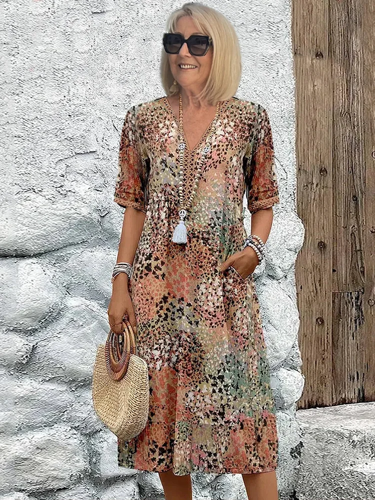 Porsha | Damen Midikleid mit Farbverlauf & V-Ausschnitt | Sommerkleid mit halben Ärmeln im Casual-Chic Stil