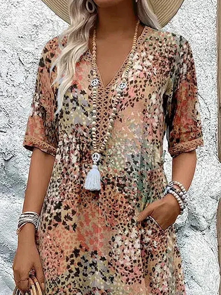 Porsha | Damen Midikleid mit Farbverlauf & V-Ausschnitt | Sommerkleid mit halben Ärmeln im Casual-Chic Stil