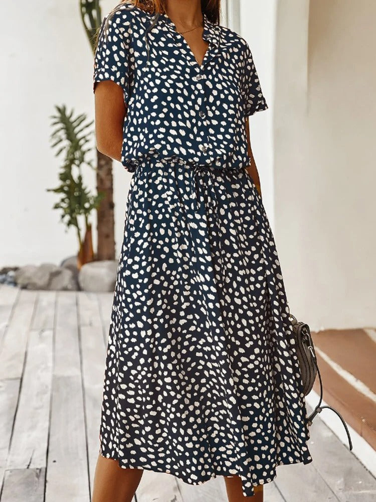Mirrie | Sommerliches V-Ausschnitt-Midikleid mit verstellbarer Taille und kurzen Ärmeln | Bequemer Alltagsstil für Damen