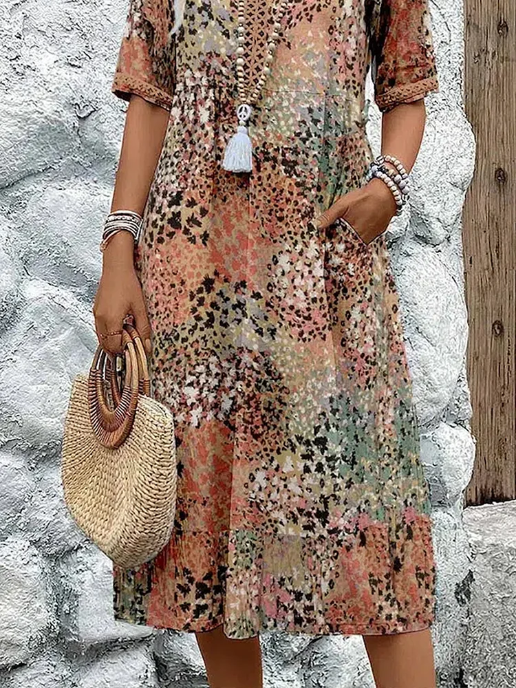 Porsha | Damen Midikleid mit Farbverlauf & V-Ausschnitt | Sommerkleid mit halben Ärmeln im Casual-Chic Stil