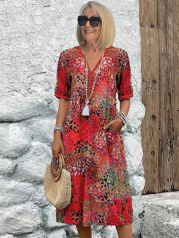 Porsha | Damen Midikleid mit Farbverlauf & V-Ausschnitt | Sommerkleid mit halben Ärmeln im Casual-Chic Stil