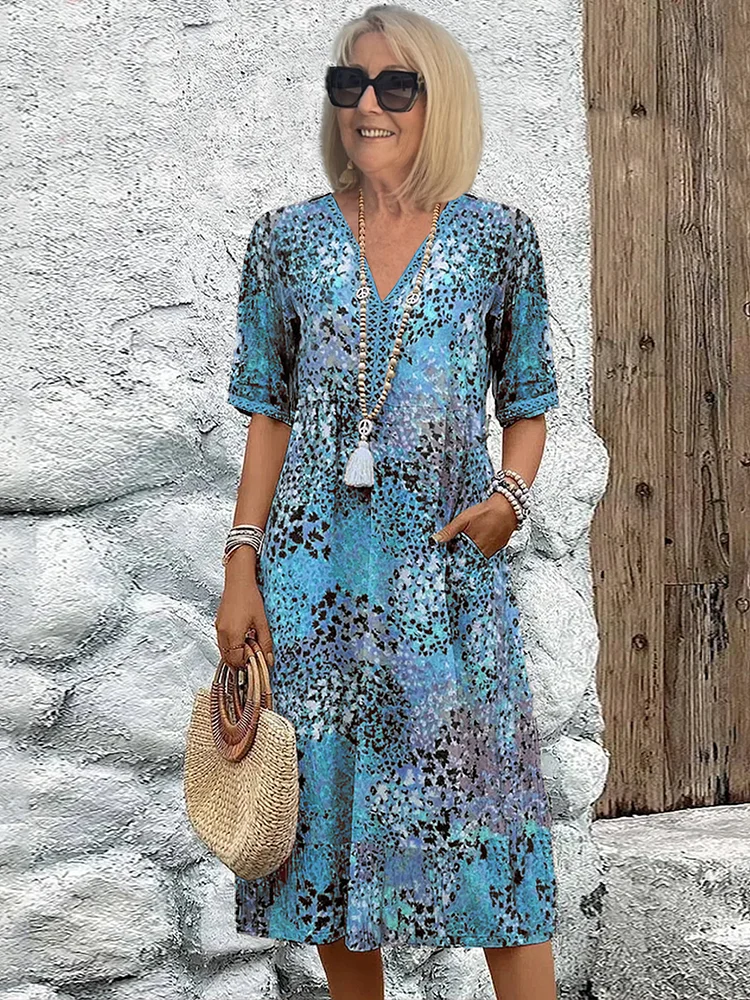 Porsha | Damen Midikleid mit Farbverlauf & V-Ausschnitt | Sommerkleid mit halben Ärmeln im Casual-Chic Stil