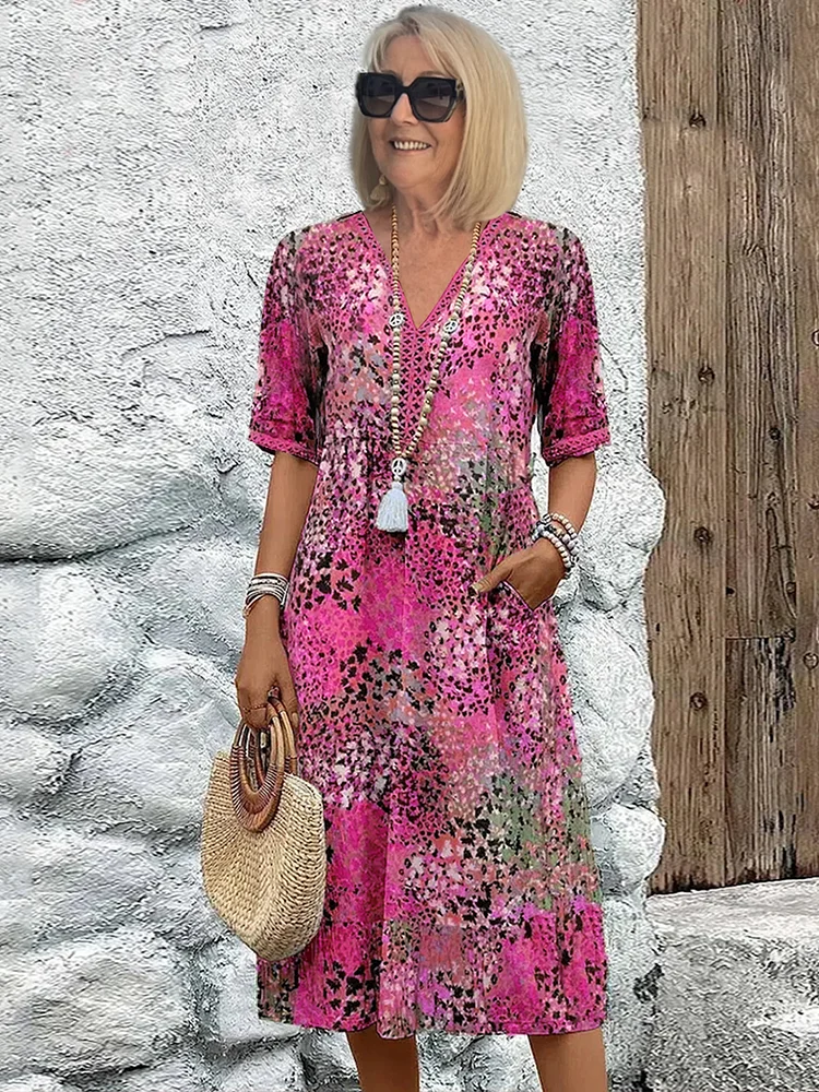 Porsha | Damen Midikleid mit Farbverlauf & V-Ausschnitt | Sommerkleid mit halben Ärmeln im Casual-Chic Stil