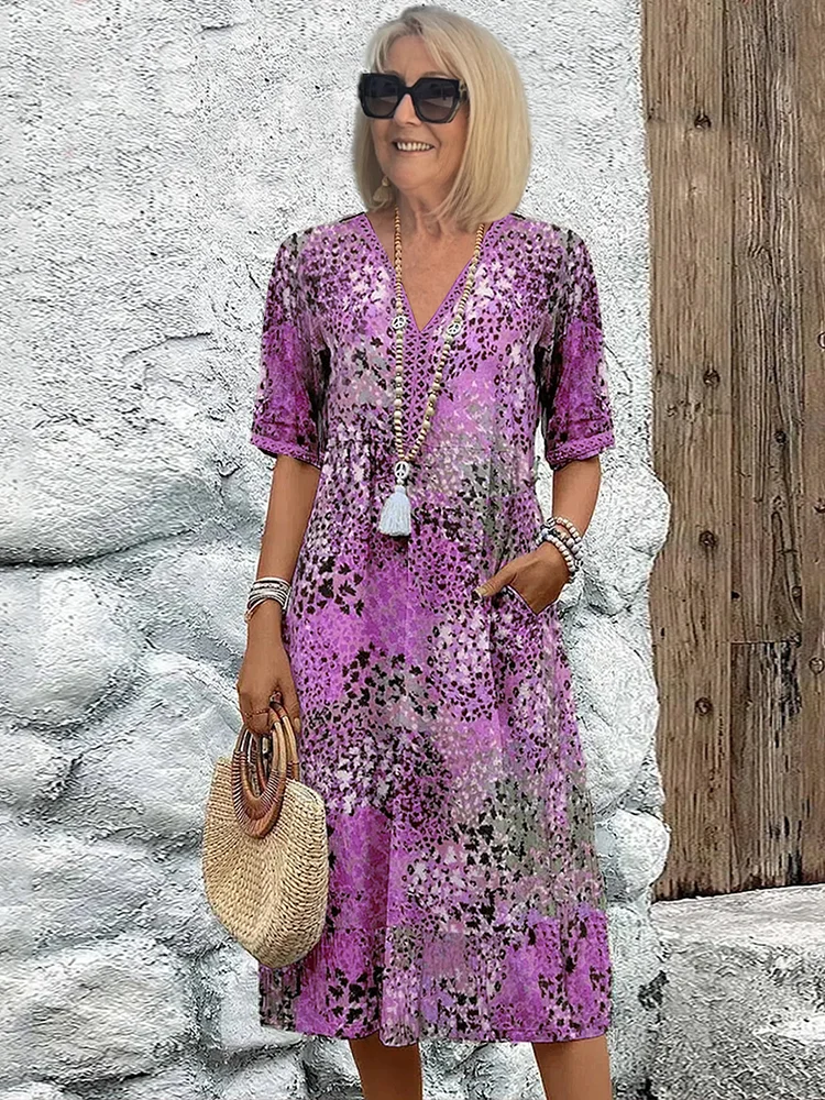 Porsha | Damen Midikleid mit Farbverlauf & V-Ausschnitt | Sommerkleid mit halben Ärmeln im Casual-Chic Stil