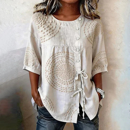 Damen Vintage Bluse Oversize Casual mit Schnürung und Spiralmuster