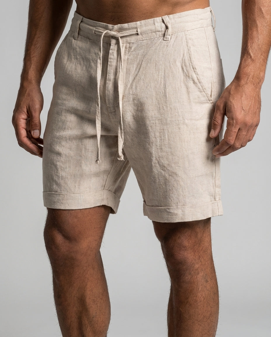 Leinen Shorts Herren Relaxed Fit Freizeit Elastischer Bund