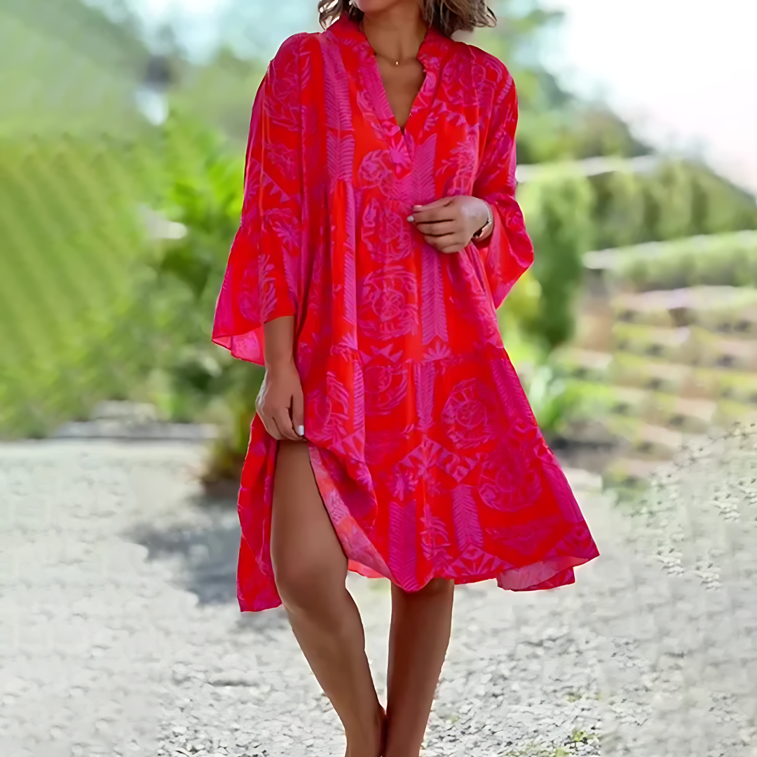 Mari | Luftiges Sommerkleid mit V-Ausschnitt & Weiten Ärmeln – Lockerer Schnitt für Komfort & Stil