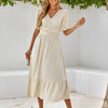 Kesha | Damen Sommer-Midikleid mit V-Ausschnitt, Taillengürtel & Rüschenabschluss – Elegant & Luftig