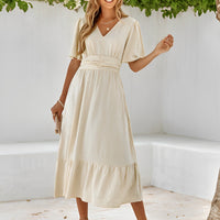 Kesha | Damen Sommer-Midikleid mit V-Ausschnitt, Taillengürtel & Rüschenabschluss – Elegant & Luftig