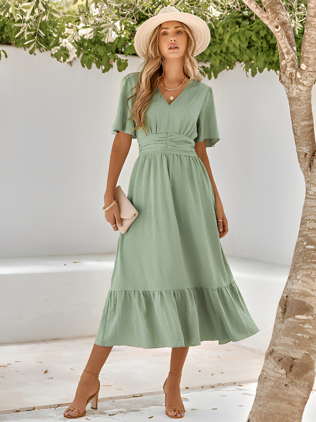 Kesha | Damen Sommer-Midikleid mit V-Ausschnitt, Taillengürtel & Rüschenabschluss – Elegant & Luftig
