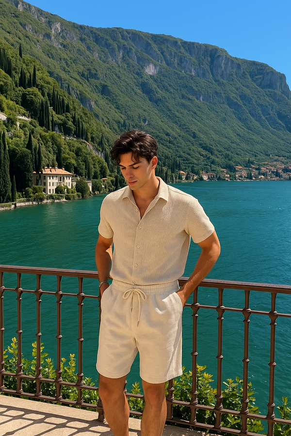 Elegantes Herren Strick-Set in Feinripp-Optik | Hemd & Shorts