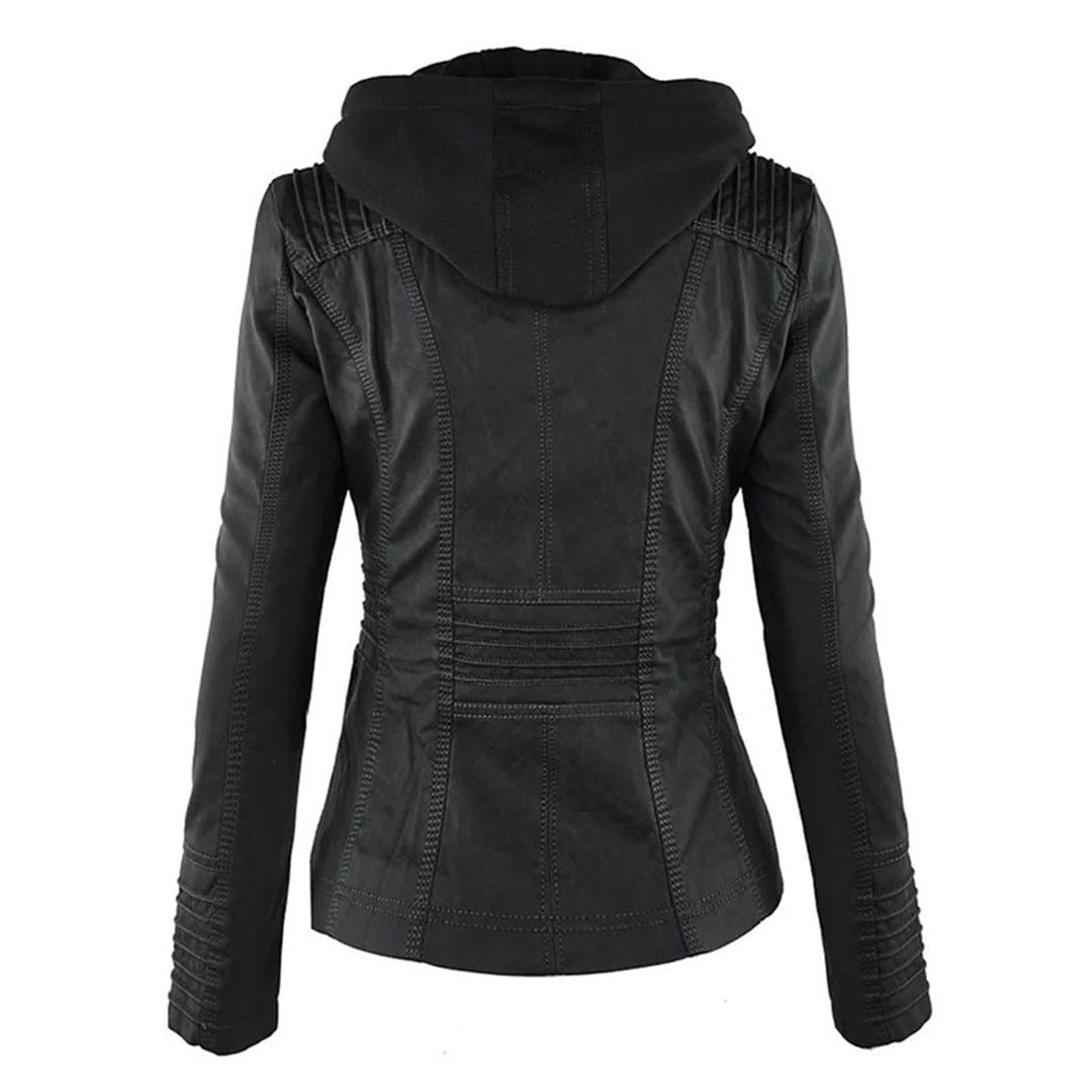 Damen Slim Fit Kunstlederjacke Casual mit abnehmbarer Kapuze