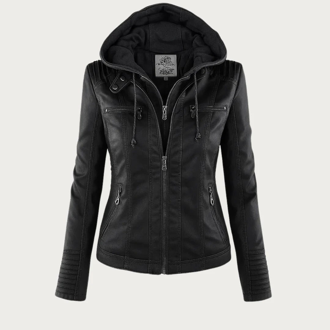 Damen Slim Fit Kunstlederjacke Casual mit abnehmbarer Kapuze