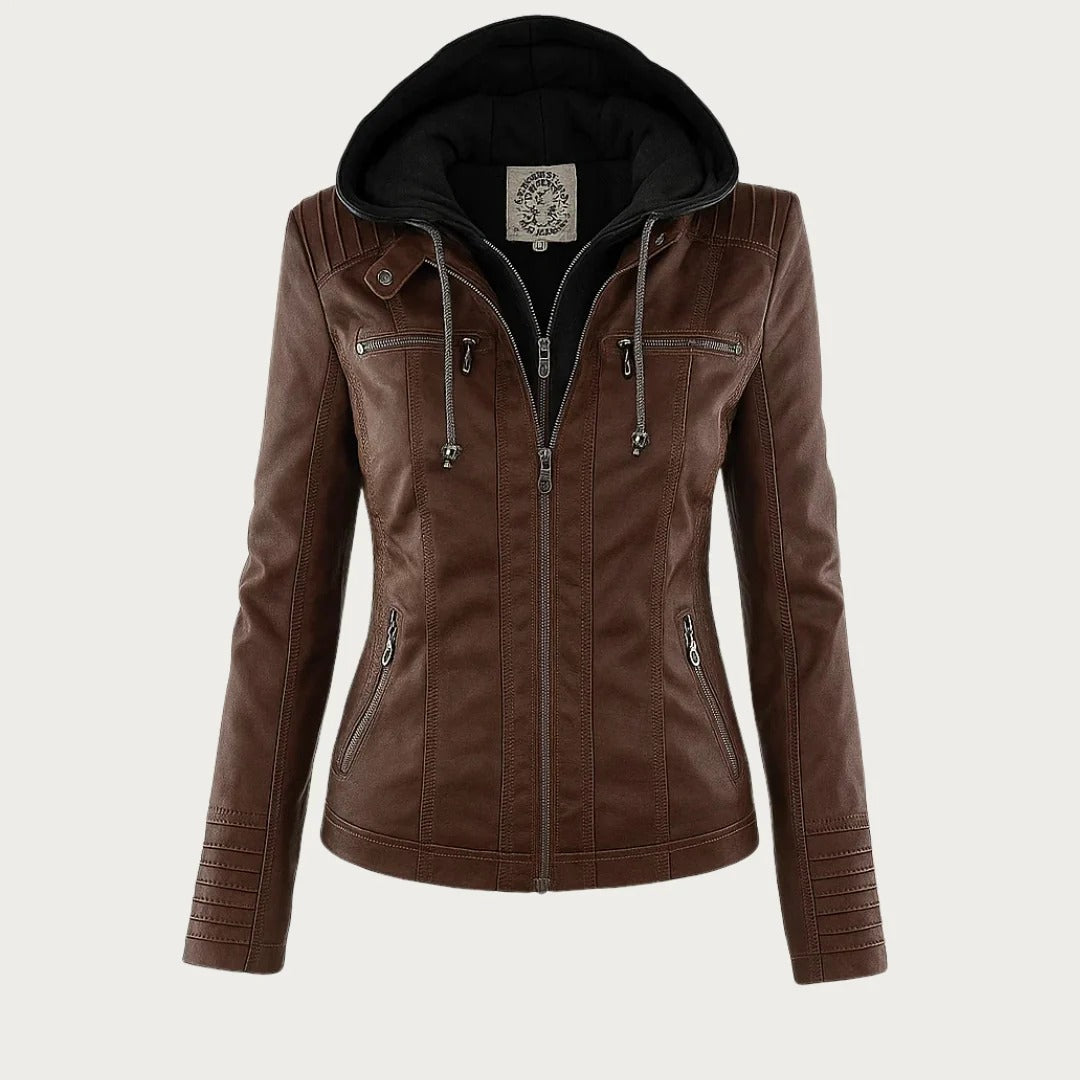 Damen Slim Fit Kunstlederjacke Casual mit abnehmbarer Kapuze