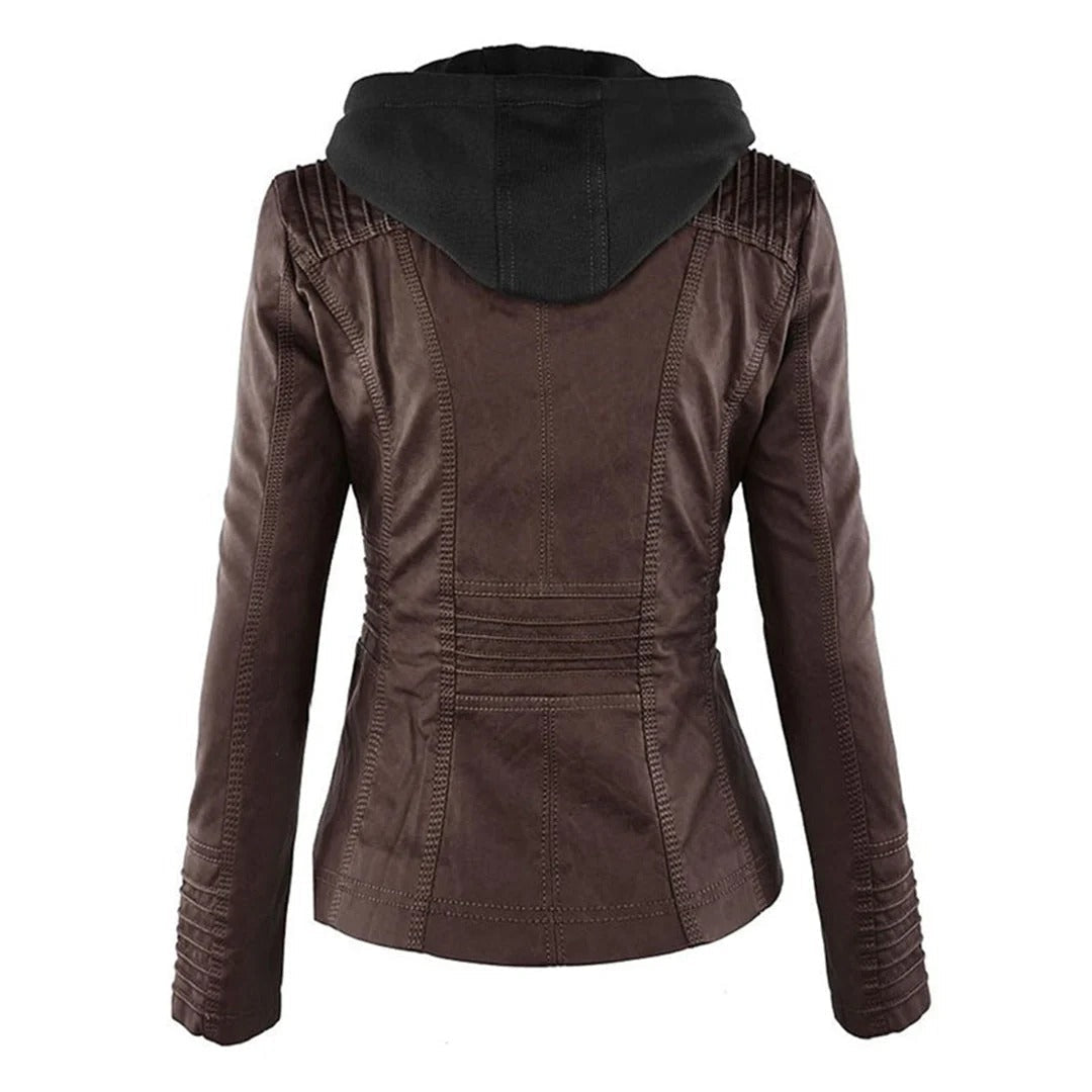 Damen Slim Fit Kunstlederjacke Casual mit abnehmbarer Kapuze