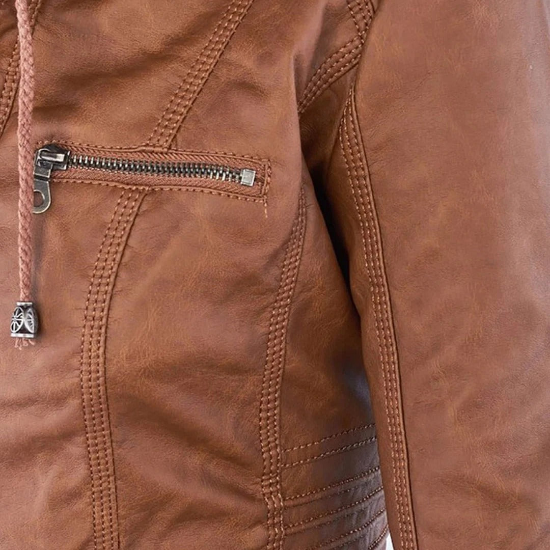 Damen Slim Fit Kunstlederjacke Casual mit abnehmbarer Kapuze