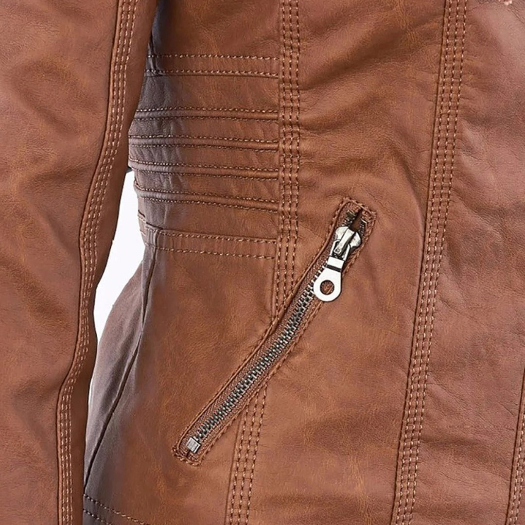 Damen Slim Fit Kunstlederjacke Casual mit abnehmbarer Kapuze