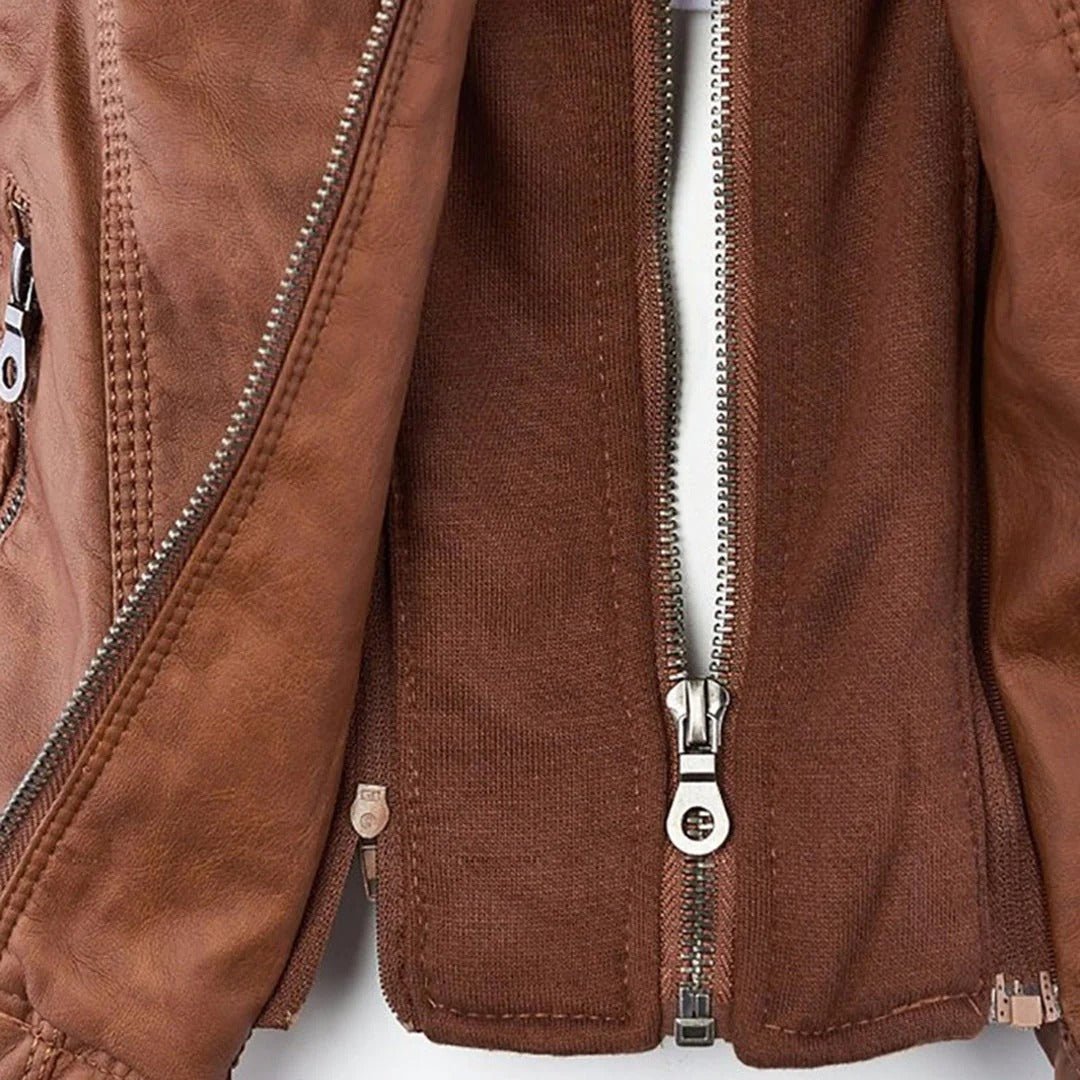 Damen Slim Fit Kunstlederjacke Casual mit abnehmbarer Kapuze